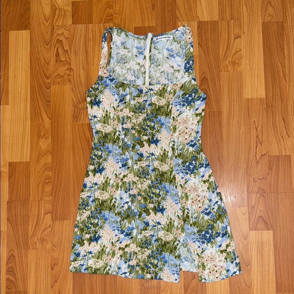 Reformation floral mini dress — blue, green, cream
